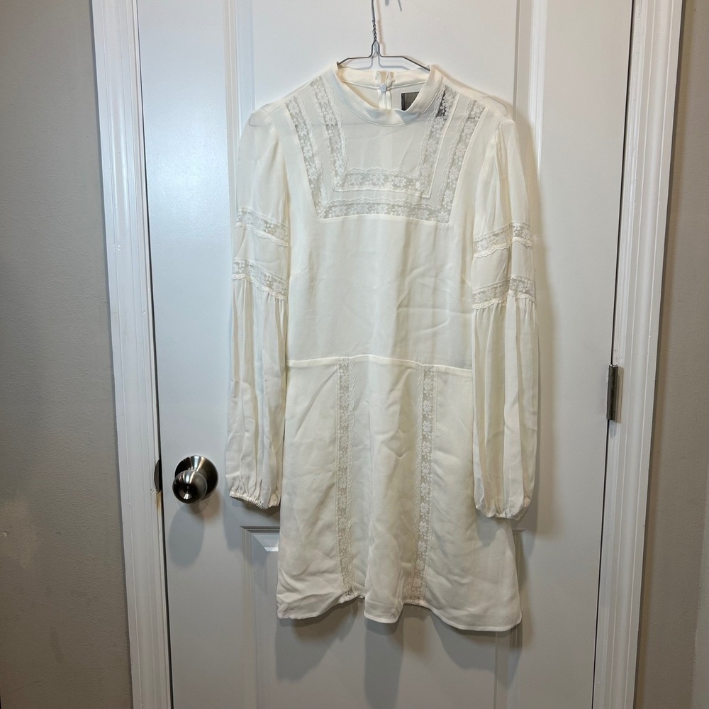 Reformation Women Lace Inset Long Sleeve Mini Dress‎ Ivory White 8 - Picture 2 of 10